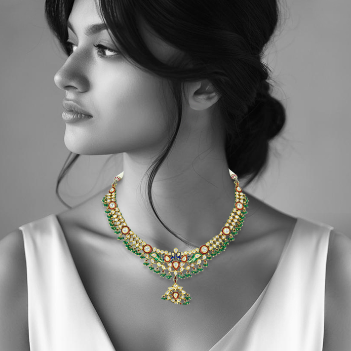 Peacock Polki Necklace with Multicolour Enamel and Bead Drops